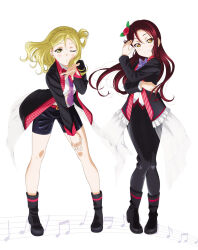 2girls artbook black_jacket black_pants black_shorts blonde_hair blush boots bow bowtie braid crown_braid floating_hair flower full_body hair_between_eyes hair_flower hair_ornament hair_rings highres jacket kowareyasuki leaning_forward long_hair long_sleeves looking_at_viewer love_live! love_live!_sunshine!! multiple_girls musical_note necktie non-web_source official_alternate_costume official_art ohara_mari one_eye_closed pants purple_bow purple_bowtie purple_necktie red_flower red_hair red_rose rose sakurauchi_riko shirt shorts smile standing white_background yellow_eyes