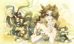 1girl aerith_gainsborough aerith_gainsborough_(citric_dress) armlet bare_shoulders bracelet breasts brown_hair choker cleavage cup dress earrings final_fantasy final_fantasy_vii final_fantasy_vii_ever_crisis food-themed_earrings food_print food_themed_earrings fruit_background fruit_print green_eyes green_ribbon hair_between_eyes hair_ribbon highres holding holding_cup jewelry kieta long_dress long_hair looking_at_viewer mandarin_orange_slice medium_breasts multiple_rings official_alternate_costume open_mouth orange-shaped_earrings orange_background orange_print own_hands_together parted_bangs print_dress ribbon ring sidelocks smile solo strapless strapless_dress tropical_drink upper_body wavy_hair