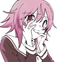 1girl brown_shirt chaos;child crazy dot_nose fingernails furrowed_brow grin hands_on_own_face light_blush long_sleeves medium_hair neckerchief no+bi= onoe_serika pink_eyes pink_hair sailor_collar school_uniform shirt simple_background smile solo upper_body white_background white_neckerchief white_sailor_collar