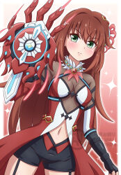 Rule 34 | 1girl, battle girl high school, breasts, commentary request, cowboy shot, fingerless gloves, gloves, green eyes, highres, long hair, magical girl, misaki (battle girl high school), red hair, small breasts, solo, yosuzu