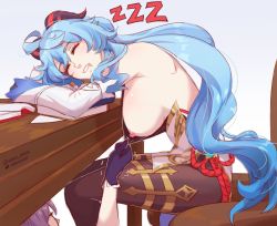 2girls ahoge allen_skies armpits artist_name assisted_exposure black_bodysuit blue_hair bodystocking bodysuit breasts brown_bodysuit brown_leotard chinese_knot closed_eyes clothes_pull curled_horns detached_sleeves flower_knot ganyu_(genshin_impact) genshin_impact gloves gold_trim horns jewelry keqing_(genshin_impact) large_breasts le leotard leotard_under_clothes long_hair multiple_girls nipples purple_hair sitting sleeping snoring table thighlet vision_(genshin_impact) zzz