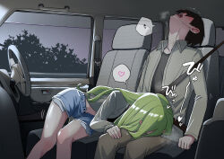 1boy 1girl absurdres aijou_rentarou blue_shorts blush car_interior commentary exposed_pocket fellatio green_hair grey_shirt hair_between_eyes hand_on_another&#039;s_thigh head_back heart hetero highres kimi_no_koto_ga_dai_dai_dai_dai_daisuki_na_100-nin_no_kanojo long_hair long_hair_between_eyes midriff_peek navel open_mouth oral seatbelt shashadog18 shirt short_shorts shorts sitting spoken_heart steering_wheel wing_collar yamato_nadeshiko_(hyakkano)