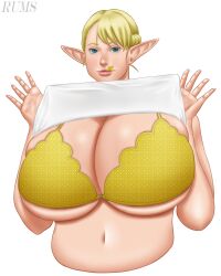 Rule 34 | absurdres, bikini, blonde hair, breasts, elf, elf-san wa yaserarenai., elfuda (elf-san wa yaserarenai.), highres, large breasts, non-web source, pointy ears, rums, self-upload, swimsuit, yellow bikini