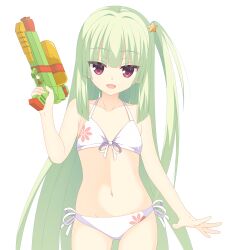 1girl :d absurdres alternate_costume alternate_hairstyle bare_shoulders bikini blunt_bangs blunt_ends breasts collarbone commentary_request cowboy_shot eyes_visible_through_hair floral_print floral_print_bikini green_hair hair_ornament halterneck hand_up happy highres hime_cut holding holding_water_gun kaon_zz long_hair looking_at_viewer murasame_(senren) navel one_side_up open_mouth paid_reward_available print_bikini red_eyes senren_banka side-tie_bikini_bottom sidelocks simple_background small_breasts smile solo star_(symbol) star_hair_ornament stomach straight_hair swimsuit very_long_hair water_gun white_background white_bikini