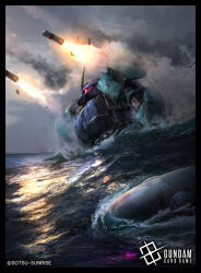 Rule 34 | black border, border, company name, copyright name, copyright notice, firing, glowing, glowing eye, gundam, gundam unicorn, highres, kapool, mecha, mecha focus, missile, mobile suit, no humans, ocean, official art, one-eyed, partially submerged, radio antenna, raruru, red eyes, robot, science fiction, sunrise (company), water, zaku mariner