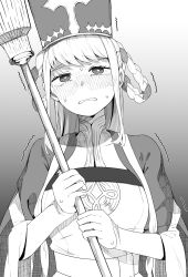 1girl absurdres blush braid braided_hair_rings breasts cape dress embarrassed fate_(series) gradient_background greyscale hair_rings hat highres holding holding_staff johanna_(fate) johanna_(third_ascension)_(fate) long_hair long_sleeves mitre monochrome multicolored_hair open_mouth shaking simple_background solo staff sweatdrop tanuki_(siutkm0228) teeth twin_braids two-tone_hair white_background white_dress