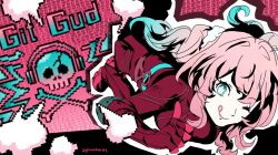 Rule 34 | 1girl, ;q, aqua eyes, aqua hair, bodysuit, commentary, english commentary, highres, honkai: star rail, honkai (series), hyacine (honkai: star rail), hyastelle, long hair, looking at viewer, one eye closed, parody, persona, persona 5, pink hair, pink lips, red bodysuit, red shoes, shoes, solo, thumbs up, tongue, tongue out