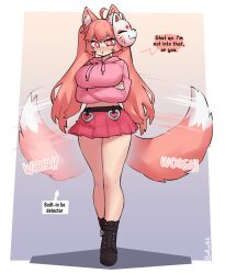 absurdres ahoge animal_ear_fluff animal_ears arrow_(symbol) bare_legs belt black_belt black_boots blush boots borvar breasts commentary crossed_arms drawstring ear_blush english_commentary english_text fox_ears fox_girl fox_mask fox_tail full_body heart_ornament highres hood hoodie large_breasts looking_at_viewer mask original pink_hoodie pleated_skirt pout red_eyes red_hair red_skirt red_tail signature skirt speech_bubble standing tail tail_wagging