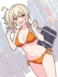 Rule 34 | 1girl, bag, bikini, blonde hair, breasts, brown eyes, city, cleavage, commentary request, crowd, light blush, love live!, love live! nijigasaki high school idol club, medium breasts, miyashita ai, mukiryoku bato, navel, open mouth, orange bikini, school bag, side ponytail, smile, swimsuit, v