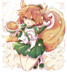 1girl :d absurdres animal_ears arle_nadja arm_warmers armor blunt_bangs blunt_ends blush bowl breastplate brown_hair commentary_request food fox_ears fox_girl fox_tail full_body futaba969649 green_shoes green_skirt highres holding holding_bowl looking_at_viewer open_mouth pleated_skirt ponytail puyopuyo shirt shoes short_hair short_sleeves shoulder_armor skirt smile smoke solo soup tail white_shirt yellow_eyes