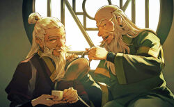 Rule 34 | 2boys, aged up, avatar: the last airbender, avatar legends, bald, beard, botanicaxu, burn scar, chinese clothes, cup, facial hair, hair bun, highres, holding, holding cup, holding teapot, indoors, iroh, long hair, male focus, multiple boys, old, old man, scar, scar on face, single hair bun, sitting, smile, tea, teapot, the legend of korra, upper body, window, zuko