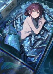 1girl absurdres blue_eyes brown_hair commentary freezer girls_band_cry hair_between_eyes highres iseri_nina looking_at_viewer low_twintails mermaid monster_girl nude open_mouth pong_(pong_o0) short_hair short_twintails solo translated twintails