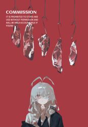 1girl absurdres antenna_hair english_text eyepatch food grey_hair hair_ornament hand_on_own_chin highres long_hair long_sleeves meat monota02 original red_background solo upper_body