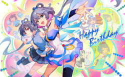 2girls anniversary asymmetrical_legwear bamboo_steamer steamed_bun bare_shoulders chibi chinese_clothes chinese_commentary commentary_request detached_sleeves dress dual_persona english_text feng_you food gloves green_eyes grey_hair hair_ornament hair_rings headset highres long_hair looking_at_viewer luo_tianyi multiple_girls necktie open_mouth red_eyes republic_of_china_school_uniform school_uniform shirt short_hair_with_long_locks single_thighhigh skirt sleeveless smile socks thighhighs twintails very_long_hair vocaloid vsinger_(vocaloid)