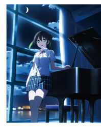 1girl artbook black_hair black_thighhighs bow cloud collared_shirt crescent_moon gradient_hair grand_piano green_eyes green_hair grey_skirt hair_between_eyes highres indoors instrument love_live! love_live!_nijigasaki_high_school_idol_club medium_hair miniskirt moon multicolored_hair music neck_ribbon night night_sky nijigasaki_school_uniform non-web_source official_art parted_lips piano plaid_clothes plaid_skirt playing_instrument pleated_skirt ribbon school_uniform shirt short_sleeves skirt sky solo star_(sky) summer_uniform takasaki_yu thighhighs twintails two-tone_hair white_shirt window zettai_ryouiki
