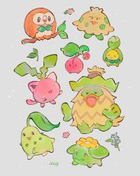 artist_name budew cherubi chikorita colored_skin gen_2_pokemon gen_3_pokemon gen_4_pokemon gen_7_pokemon green_skin grey_background highres hoppip ieafy ludicolo nintendo no_humans pink_skin pokemon pokemon_(creature) rowlet shroomish simple_background skiploom