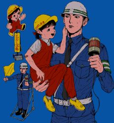 1boy 1girl absurdres age_difference anzen_tarou bandaid bandaid_on_arm belt black_eyes black_hair black_necktie blue_background blue_jacket blue_pants carrying carrying_person cheek_pinching child_carry closed_mouth collared_shirt commentary_request cowboy_shot eye_contact flag frown grey_belt grey_helmet grey_shirt hard_hat hat helmet highres holding holding_flag humanization jacket long_sleeves looking_at_another low_ponytail myojo_0120 necktie object_and_personification open_mouth original overalls pants pinching ponytail red_overalls robot school_hat shirt shoes short_hair short_ponytail short_sleeves sign simple_background small_sweatdrop smile standing tobidashi-bouya traffic_baton traffic_controller yellow_hat yellow_shoes