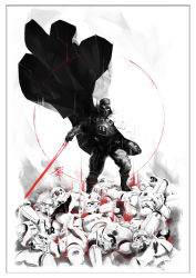 2017 6+boys blood bullet_hole cape commentary darth_vader energy_sword english_commentary highres holding holding_sword holding_weapon lightsaber looking_at_viewer male_focus mar-c! multiple_boys science_fiction sith smoke spot_color standing star_wars stormtrooper sword weapon