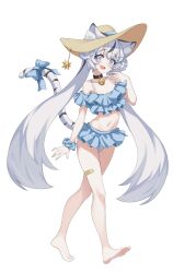 1girl :d animal_ear_fluff animal_ears arm_at_side bandaid bandaid_on_leg bare_legs bare_shoulders barefoot bell bikini black_choker black_hair blue_bikini blue_bow blue_eyes blue_scrunchie bow braid braided_hair_rings choker collarbone crossed_bangs ears_through_headwear eyelashes fang frilled_bikini frills full_body grey_hair hair_between_eyes hair_ornament hair_rings hairclip hand_to_own_mouth hand_up hat hat_ornament hat_ribbon head_tilt horegi jingle_bell layered_bikini light_blush long_hair looking_at_viewer multicolored_hair navel neck_bell open_mouth original ribbon scrunchie short_sleeves simple_background smile solo star-shaped_pupils star_(symbol) streaked_hair sun_hat swimsuit symbol-shaped_pupils tail tail_bow tail_ornament tail_raised thick_eyelashes tiger_ears tiger_tail twintails very_long_hair walking white_background white_tail wrist_scrunchie x_hair_ornament