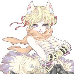 1girl animal_ears bell belt black_gloves blonde_hair breasts championship_belt chest_sarashi commentary_request cowboy_shot flame_print fox_ears fox_girl gauntlets gloves hair_bell hair_ornament hair_ribbon hotate_(pixiv11131971) jingle_bell looking_at_viewer medium_breasts orange_scarf purple_eyes ragnarok_online red_ribbon ribbon sarashi scarf shirt short_hair simple_background solo sura_(ragnarok_online) white_background white_shirt