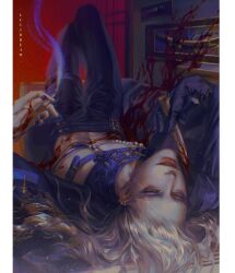 1boy bad_link blood blood_on_object bloody_knife bloody_weapon blue_eyes blue_nails earrings gloves highres holding holding_knife holding_weapon jacket jewelry knife lips looking_at_viewer lululucid lying nail_polish on_back open_mouth original smile solo weapon white_hair