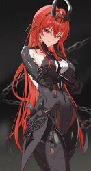 Rule 34 | 1girl, absurdres, black bodysuit, black horns, bodysuit, breasts, bright pupils, chain, closed mouth, commentary request, cowboy shot, dark background, highres, horns, large breasts, long hair, looking at viewer, mole, mole under eye, official alternate costume, punishing: gray raven, red eyes, red hair, smile, solo, uriuritei, vera: geiravor (hollow crown) (pgr), vera: geiravor (pgr), vera (pgr), very long hair, white pupils
