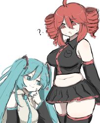 2girls aqua_hair black_sleeves breasts drill_hair fatass_teto_(meme) grey_shirt hatsune_miku highres implied_yuri kasane_teto large_breasts long_hair m3link meme midriff multiple_girls navel necktie plump red_eyes red_hair shirt skirt sleeveless staring thick_thighs thighhighs thighs twin_drills twintails very_long_hair vocaloid wide_hips