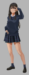 1girl absurdres bare_shoulders blue_socks bow bowtie bra breasts brown_eyes brown_hair collared_shirt full_body green_bra green_panties grey_background grey_sweater highres loafers long_hair looking_at_viewer navel original panties plaid_clothes plaid_skirt pleated_skirt po-i-mu school_uniform shirt shoes skirt small_breasts socks solo standing stomach sweater underwear v very_long_hair white_shirt