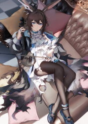 1girl absurdres amiya_(arknights) animal_ears anklet arknights ascot black_jacket black_shoes blue_eyes bow_(music) brown_hair brown_pantyhose chinese_commentary closed_mouth commentary_request couch dress full_body highres holding holding_bow_(music) holding_instrument holding_violin incredibly_absurdres instrument jacket jewelry jia_redian_ruzi_ruzi long_hair long_sleeves lying multiple_rings on_back on_couch pantyhose ring shoes smile solo torn_clothes torn_dress very_long_hair violin white_ascot white_dress