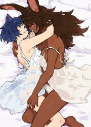 2girls animal_ears bed_sheet blue_eyes blue_hair brown_hair cat_ears dark-skinned_female dark_skin dress eye_contact hand_on_another&#039;s_thigh highres hug interracial looking_at_another lying m_k multiple_girls original panties rabbit_ears red_eyes see-through_clothes short_hair underwear white_dress yuri