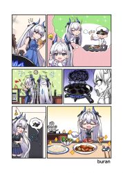 Rule 34 | 1girl, ^^^, apron, artist name, azur lane, bad food, black shirt, blue apron, blue horns, blue skirt, buran (22x), chibi, commander (azur lane), commission, cooking, flying sweatdrops, frying pan, highres, horns, image in thought bubble, long hair, manjuu (azur lane), pleated skirt, shirt, skeb commission, skirt, stove, suffren (azur lane), thumbs up, very long hair, white hair