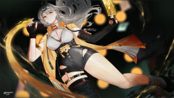 1girl asymmetrical_gloves black_shorts breasts brlnhrtn cleavage elbow_gloves fingerless_gloves floating_hair gloves hair_ornament high-waist_shorts highres holding_ofuda jacket large_breasts long_hair mole mole_on_chest shorts single_elbow_glove single_hair_intake single_thighhigh thighhighs uneven_gloves white_background yellow_eyes yellow_jacket yi_xuan_(zenless_zone_zero) yin_yang_pin zenless_zone_zero
