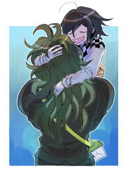 2boys black_hair border brown_shirt bug_cage checkered_clothes checkered_scarf danganronpa_(series) danganronpa_v3:_killing_harmony gokuhara_gonta grey_hair highres hug kumakoro_(tetsupag) long_hair long_sleeves male_focus messy_hair multiple_boys oma_kokichi open_mouth scarf shirt short_hair white_border white_shirt yaoi