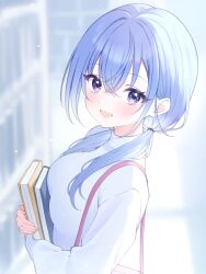 1girl blue_hair blush book bookshelf breasts commentary_request hugging_object idolmaster idolmaster_shiny_colors long_hair looking_at_viewer looking_to_the_side medium_breasts purple_eyes shirasato_(phzm8733) smile solo suzuki_hana sweater twintails upper_body white_sweater
