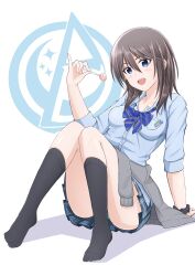 1girl absurdres alice_gear_aegis black_thighhighs blue_eyes brown_hair candy clothes_around_waist food highres kurogane_yuuto lollipop panties panty_peek plaid_clothes plaid_skirt school_uniform skirt sweater sweater_around_waist thighhighs tubamesaapoo underwear