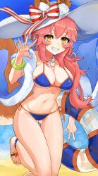 Rule 34 | 1girl, absurdres, animal ear fluff, animal ears, bikini, blue bikini, blush, bow, bowtie, breasts, fate/grand order, fate (series), fox ears, fox girl, fox tail, groin, hair between eyes, hat, highres, jewelry, large breasts, long hair, minus zero69, navel, necklace, official alternate costume, official alternate hairstyle, orange eyes, parted lips, pink hair, side-tie bikini bottom, smile, solo, standing, standing on one leg, stomach, striped bow, striped bowtie, striped clothes, sun hat, swim ring, swimsuit, tail, tamamo (fate), tamamo no mae (fate), tamamo no mae (swimsuit lancer) (fate), teeth, thighs, v