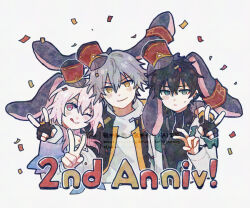 1girl 2boys animal_ears anniversary aqua_eyes black_coat black_gloves black_hair black_shirt blue_eyes blue_jacket blush buttons caelus_(honkai:_star_rail) chinese_clothes closed_mouth coat collared_shirt confetti dan_heng_(honkai:_star_rail) dan_heng_(hunt)_(honkai:_star_rail) double_v english_text eyeliner fake_animal_ears fingerless_gloves gloves grey_hair hair_between_eyes hand_up hat honkai:_star_rail honkai_(series) hood hooded_coat jacket long_sleeves looking_at_viewer makeup march_7th_(honkai:_star_rail) march_7th_(preservation)_(honkai:_star_rail) mini_hat miwawa multicolored_eyes multiple_boys one_eye_closed open_clothes open_coat open_jacket pink_hair puffy_long_sleeves puffy_sleeves purple_eyes rabbit_ears red_eyeliner red_hat shirt short_hair sidelocks simple_background smile sweatdrop t-shirt tied_jacket tongue tongue_out trailblazer_(honkai:_star_rail) upper_body v watermark white_background white_coat white_shirt yellow_eyes