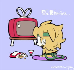 Rule 34 | alcohol, bag of chips, blonde hair, blue background, chibi, chibi only, crt, cup, dio brando, drinking glass, earrings, green headband, headband, jacket, jewelry, jojo no kimyou na bouken, kotorai, pants, rabbit ears antenna, signature, sitting, translation request, watching television, wine, yellow jacket, yellow pants