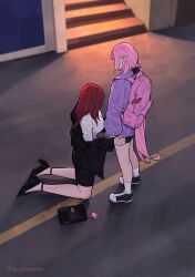 2girls absurdres alternate_costume backpack bag black_bag black_jacket black_shoes black_skirt breasts commentary dyadyadya eden_(honkai_impact) elysia_(honkai_impact) english_commentary high_heels highres honkai_(series) honkai_impact_3rd jacket kneeling large_breasts long_hair multiple_girls off_shoulder office_lady photo-referenced pink_bag pink_hair pointy_ears purple_jacket red_hair shirt shoes skirt socks twitter_username very_long_hair white_shirt white_socks