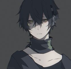 Rule 34 | 1boy, 23i2ko, :|, bags under eyes, black hair, black shirt, closed mouth, collar, collarbone, dark konoha, double-parted bangs, exhausted, facial mark, grey background, hair between eyes, horizontal spotlight, kagerou project, konoha (kagerou project), male focus, shirt, short hair, simple background, slit pupils, solo, upper body, yellow eyes