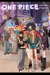 2girls 6+boys black_footwear black_hair blue_skin boots brook_(one_piece) burger city colored_skin commentary_request copyright_name cotton_candy cross curry facial_hair fish food franky_(one_piece) fruit goatee green_hair half_updo hat heads_together highres jinbe_(one_piece) jolly_roger letterboxed long_hair long_nose long_sleeves mandarin_orange meat monkey_d._luffy multiple_boys multiple_girls nami_(one_piece) nico_robin noodles one_piece orange_hair pasta purple_shirt red_hat roronoa_zoro sandwich sanji_(one_piece) sharp_teeth shirt shoes short_hair shorts sideburns skeleton sneakers socks straw_hat straw_hat_pirates straw_hats_jolly_roger sun_symbol takeuchi_ryousuke teeth tony_tony_chopper tusks usopp