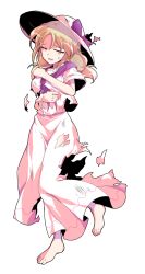 1girl barefoot blonde_hair bow commentary_request dairi dress full_body hat hat_bow highres large_variant_set long_hair looking_at_viewer louise_(touhou) neckerchief open_mouth purple_bow purple_neckerchief short_sleeves solo standing sweatdrop torn_bow torn_clothes torn_dress torn_neckerchief touhou touhou_(pc-98) transparent_background variant_set white_dress white_hat