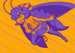 1girl blush bug clenched_teeth cockroach contrast filia_(skullgirls) full_body highres insect motion_lines necktie neko_mata_g pleated_skirt prehensile_hair samson_(skullgirls) school_uniform skirt skullgirls solo speed_lines teeth thighhighs wings yellow_background