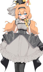 1girl :d absurdres animal_ear_fluff animal_ears black_dress black_hairband black_hat black_wrist_cuffs blue_archive blue_eyes blush buttons cat_ears cat_girl center-flap_bangs center_frills choker commentary d_(delt4) dress earrings extra_ears feet_out_of_frame flower frilled_choker frilled_dress frills grey_dress hair_between_eyes hairband halo happy hat hat_feather hat_flower highres idol idol_clothes jewelry long_dress long_hair looking_at_viewer low_twintails mari_(blue_archive) mari_(idol)_(blue_archive) official_alternate_costume official_alternate_hairstyle open_mouth orange_hair rose simple_background skirt_hold sleeveless sleeveless_dress smile solo standing top_hat twintails two-tone_dress white_background wrist_cuffs yellow_flower yellow_halo yellow_rose