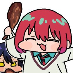 2girls :3 amate_yuzuriha aqua_shirt black_hair black_necktie chibi chicken_(food) closed_eyes collared_shirt commentary facing_viewer food food_in_mouth gundam gundam_gquuuuuux holding holding_food jazz_jack long_hair long_sleeves lowres multiple_girls necktie nyaan_(gundam_gquuuuuux) red_hair red_necktie school_uniform shirt short_hair simple_background striped_necktie two-tone_necktie white_background yellow_eyes