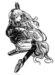 Rule 34 | 1girl, a.i. voice, adachi rei, alternate hair length, alternate hairstyle, corrupted twitter file, gloves, greyscale, hair between eyes, hair ornament, headlamp, headphones, headset, highres, kilsturgeon, kneeling, long hair, long sleeves, looking at viewer, monochrome, open mouth, pantyhose, pointing, shorts, simple background, skirt, sweater, utau, very long hair