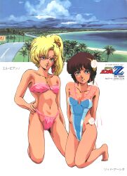 1980s_(style) 2girls arms_behind_back barefoot bikini blonde_hair blue_one-piece_swimsuit brown_hair elle_vianno gundam gundam_zz highleg highleg_leotard highleg_swimsuit highres kneeling leina_ashta leotard logo looking_at_viewer multiple_girls non-web_source official_art oldschool one-piece_swimsuit parted_lips pink_one-piece_swimsuit ponytail retro_artstyle seo_yasuhiro side_ponytail swimsuit