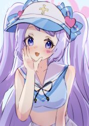 Rule 34 | 1girl, :d, blue archive, blue background, blush, bow, breasts, commentary request, crop top, fang, hair bow, halo, hanae (blue archive), hanae (cheer squad) (blue archive), heart sticker, highres, long hair, open mouth, pink halo, purple eyes, purple hair, sailor collar, sketch, smile, solo, tawashi (hoisassa), visor cap, white sailor collar