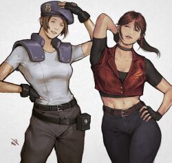 Rule 34 | 2girls, belt, blue eyes, claire redfield, closed eyes, crop top, denim, ericson blum, fingerless gloves, gloves, hat, highres, jeans, jill valentine, midriff, multiple girls, pants, police, ponytail, resident evil, resident evil - code: veronica, resident evil 1, resident evil 2, short hair, smile, toned, toned female
