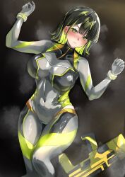 Rule 34 | 1girl, absurdres, black background, black hair, blush, bodysuit, breasts, carskey1120, commentary request, cosplay, covered collarbone, covered navel, embarrassed, feet out of frame, flipped hair, frown, grey bodysuit, gun, highres, large breasts, link! like! love live!, looking at viewer, love live!, momose ginko, nose blush, official alternate costume, shiny clothes, short hair, skin tight, solo, steaming body, v-shaped eyebrows, virtual youtuber, weapon